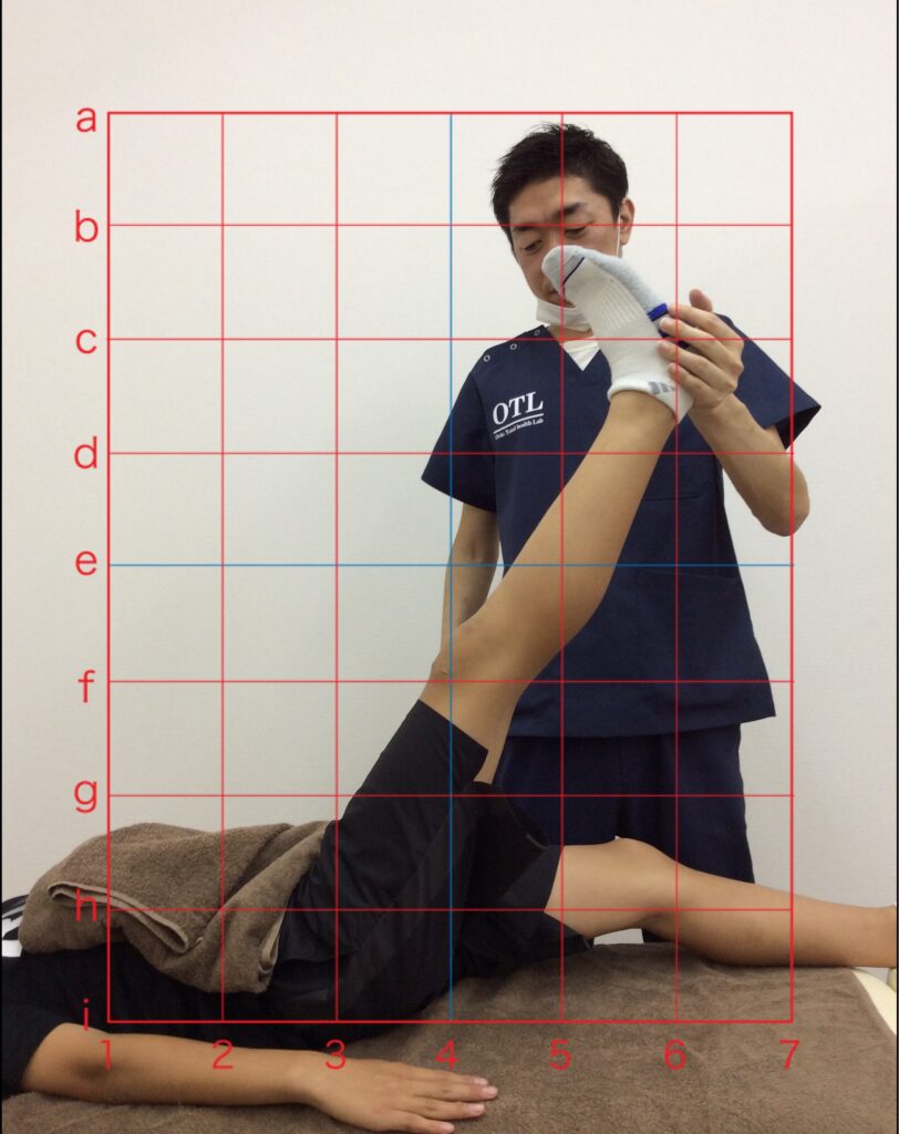 運動機能検査(フィジカルチェック)で関節の可動域や柔軟性を調べるために可動域や柔軟性の検査をしている時の写真