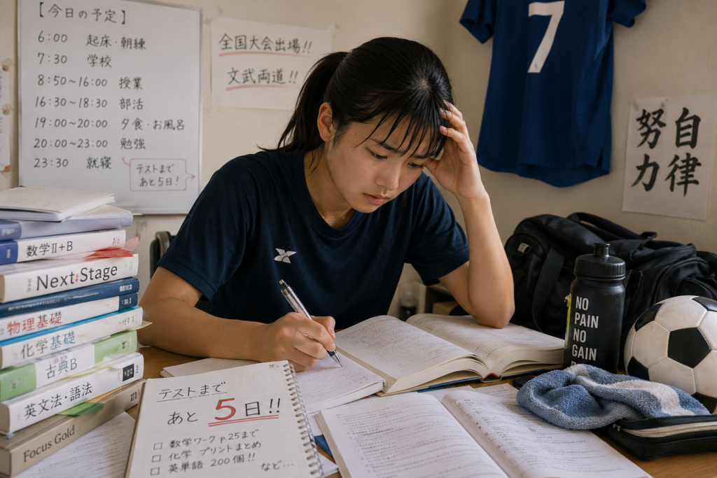 部活をしながら勉強を頑張っているスポーツ学生の写真。