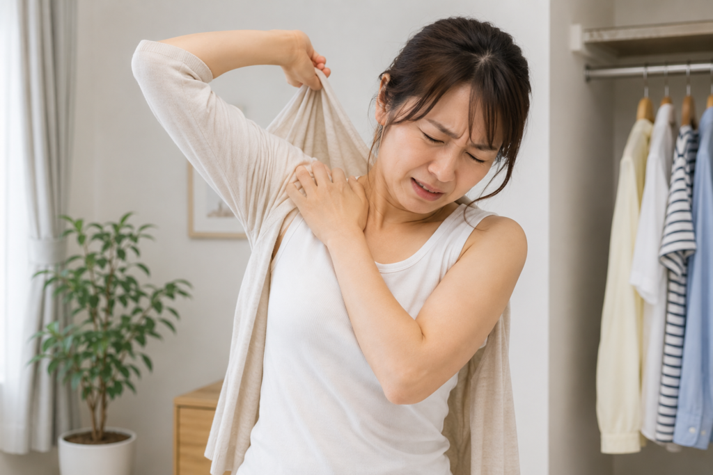 肩の痛みで服の着脱が思うようにできずに困っている時の女性の写真。