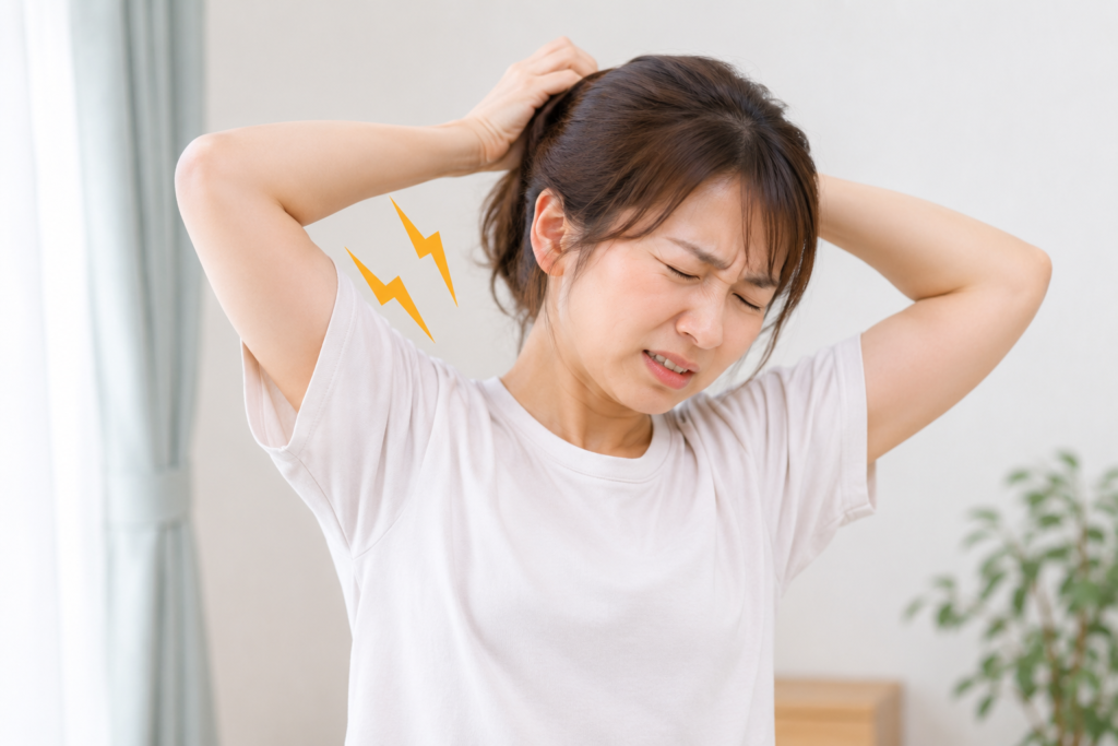 肩の痛み髪の毛を結ぶことができずに困っている時の女性の写真。
