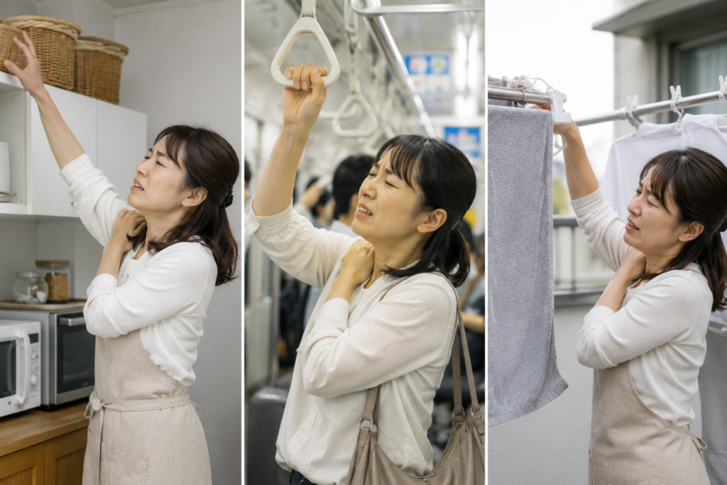 日常生活上において、高いところの物を取る、電車のつり革につかまる、洗濯物を干す、といった日常動作ができなくて困っている主婦の写真。