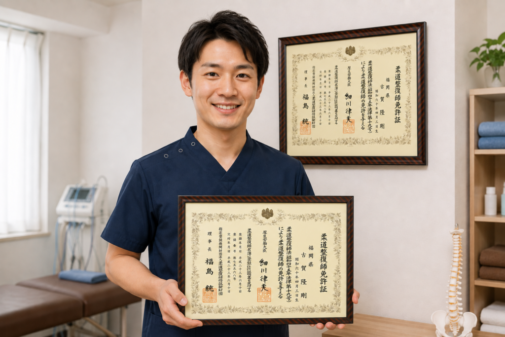 国家資格である柔道整復師免許証をもっている先生の写真。