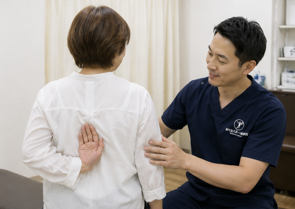 五十肩に対して可動域訓練をしているときの写真。