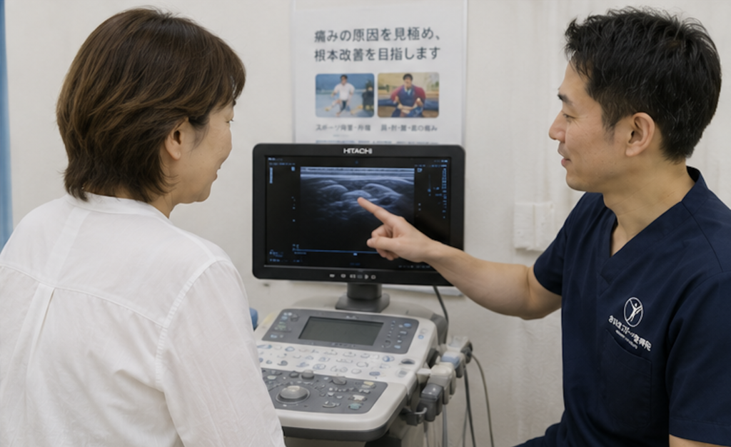 肩の痛みの原因について超音波エコー検査を使って説明している写真。