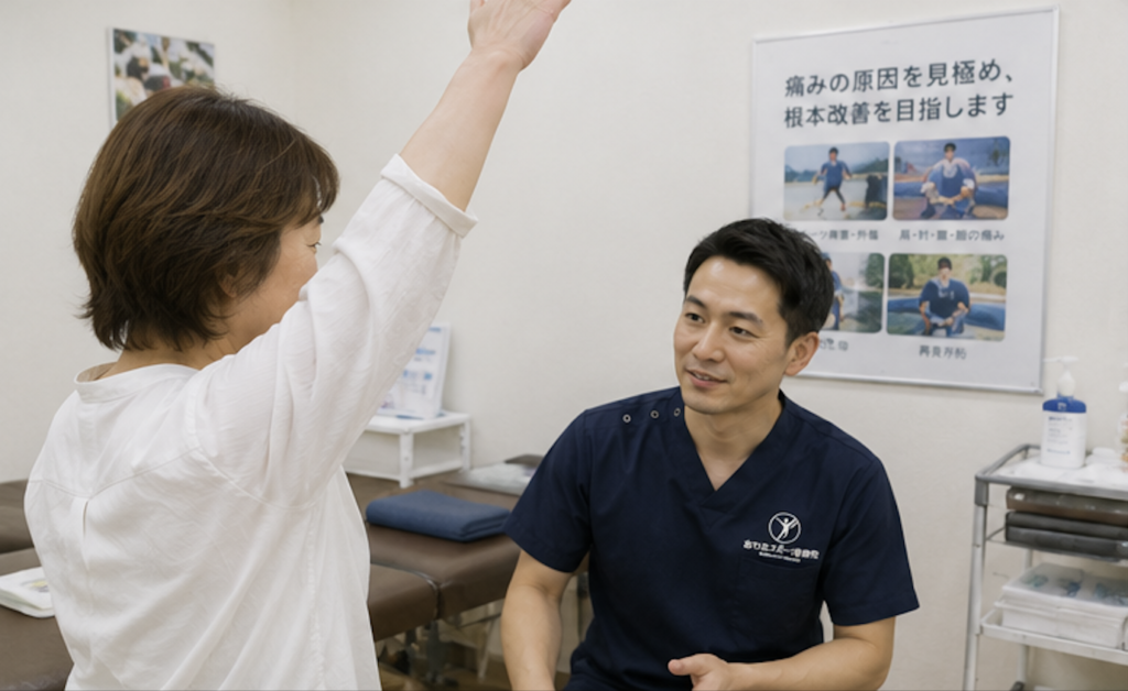 五十肩に対して可動域訓練をしているときの写真。