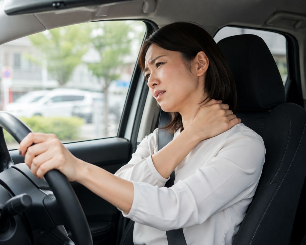 車の運転中に首や肩の痛みを訴えている時の女性の写真。
