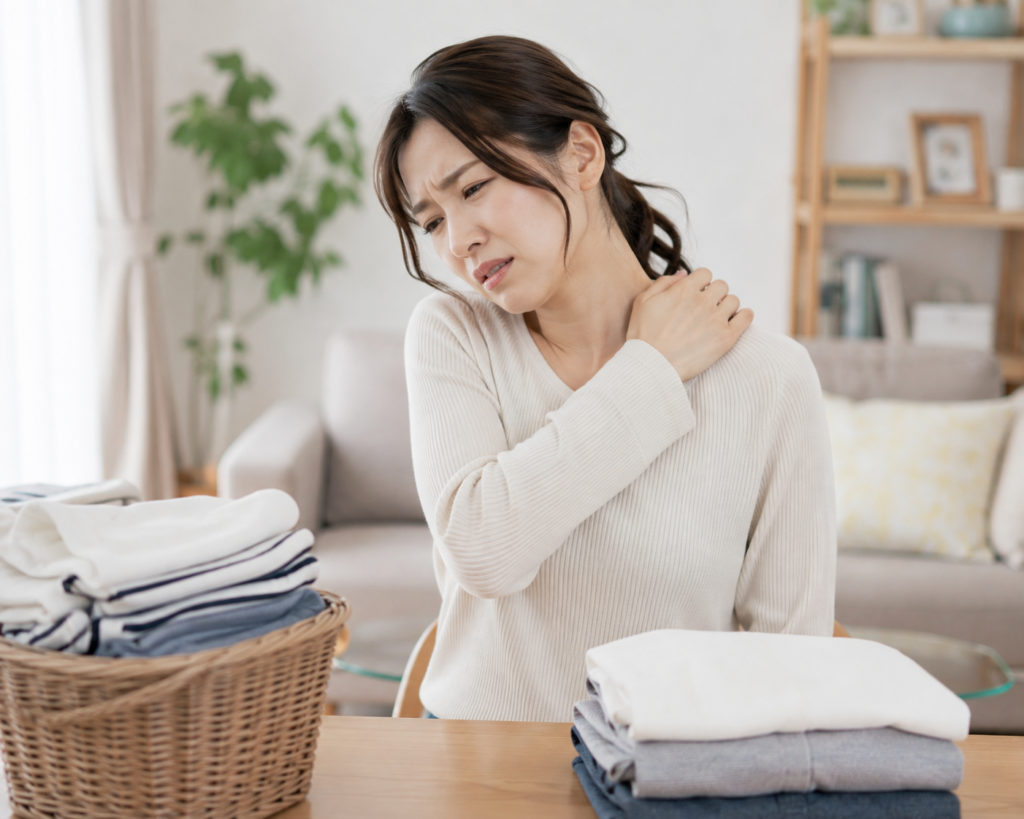 家事中に首や肩の痛みを訴えている時の女性の写真。
