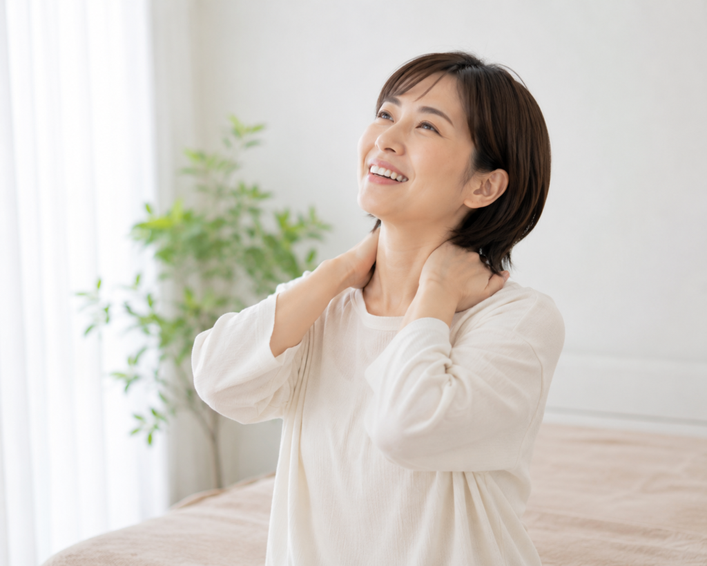 首の痛みが取れ喜ぶ女性の写真。