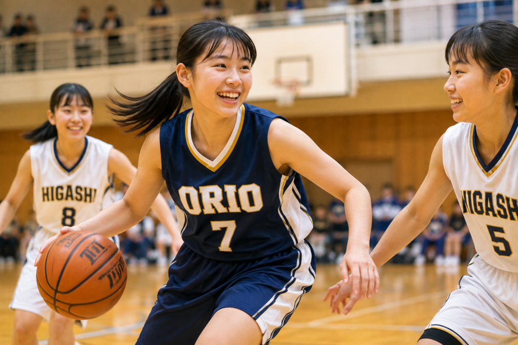 ケガが治り、競技復帰することができたバスケをしている女子中学生の写真。