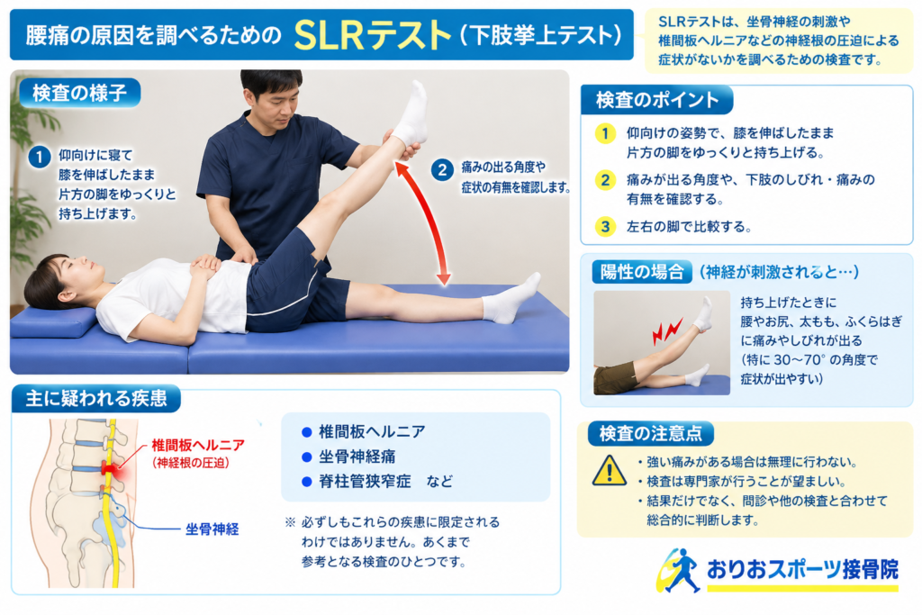 腰痛の原因を調べるための検査について説明をしているイラストの写真。